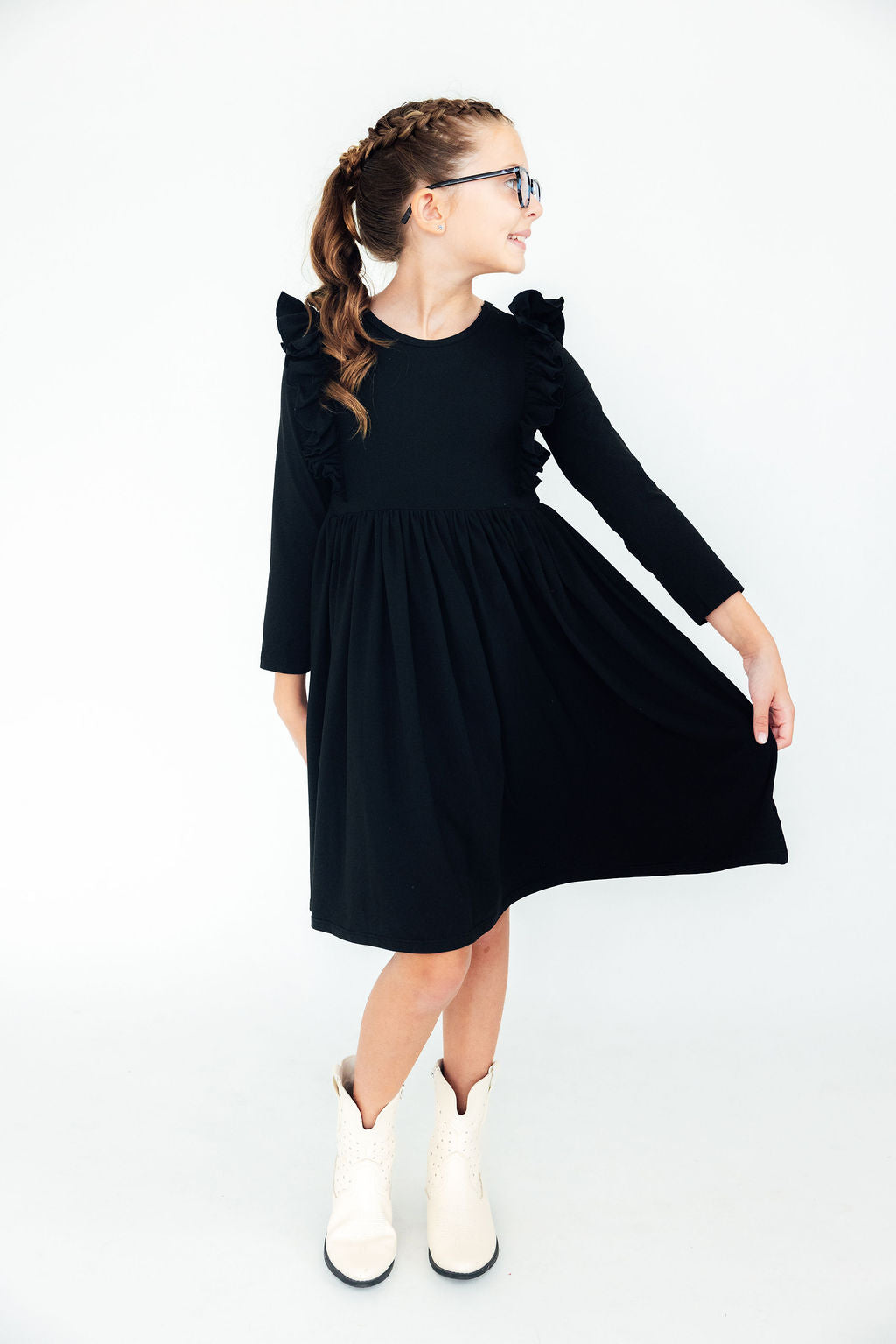Black Long Sleeve Ruffle Twirl Dress Mila & Rose