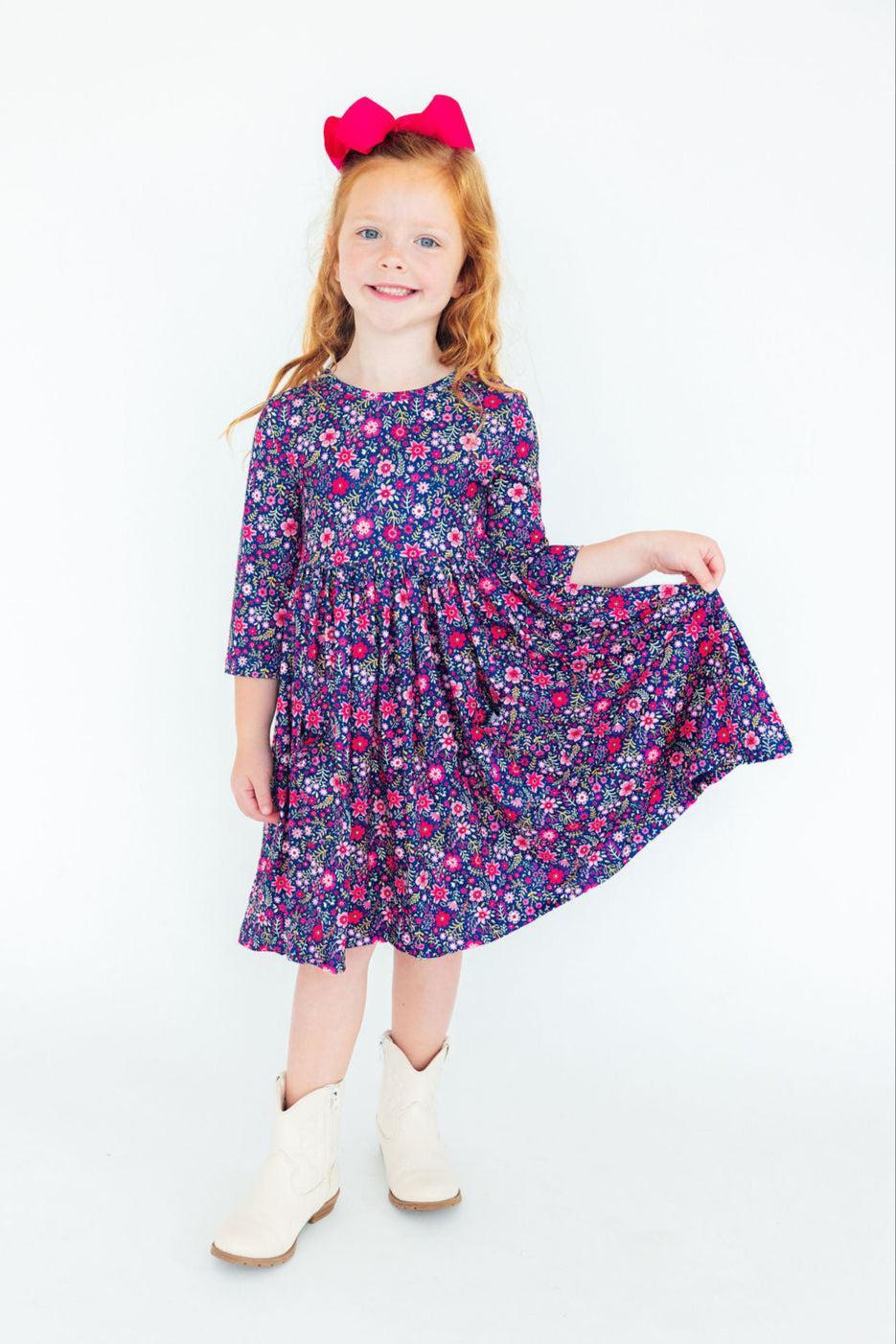 3/4 Sleeve Pocket Twirl Dress Flower Farm Dress Mila & Rose