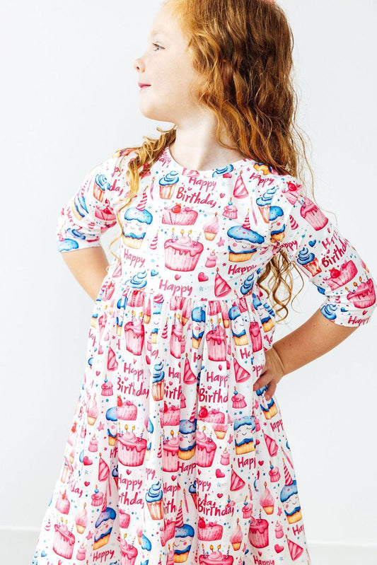 Birthday Girl 3/4 Sleeve Pocket Twirl Dress Mila & Rose