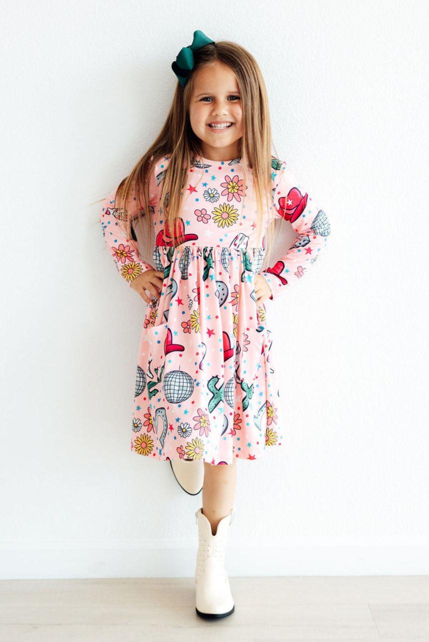 Long Sleeve Pocket Twirl Dress with Full Skirt Boots & Bling