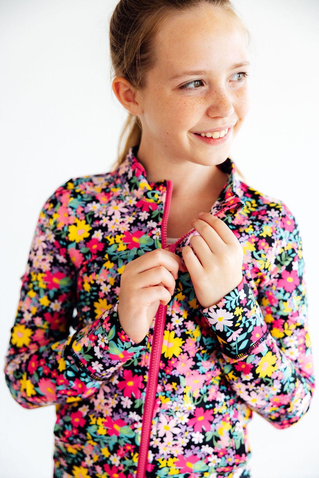 Floral Full-Zip Ruffle Active Jacket Slim Fit Polyester Spandex