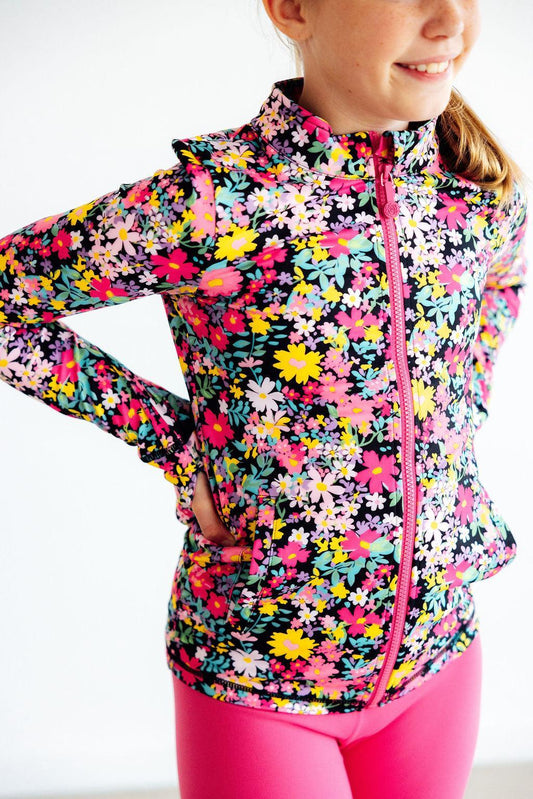 Floral Full-Zip Ruffle Active Jacket Slim Fit Polyester Spandex