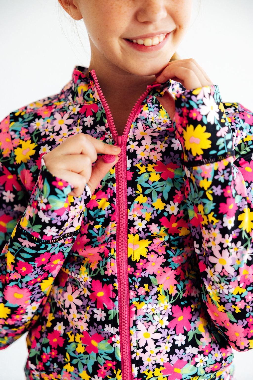 Floral Full-Zip Ruffle Active Jacket Slim Fit Polyester Spandex