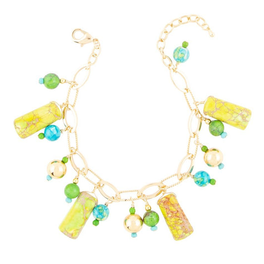 Mixed Lime Green Jasper Charm Golden Bracelet