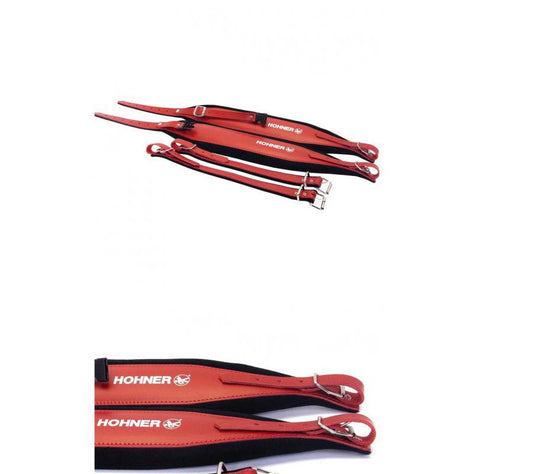 Extra-Large Leather Accordion Strap with Back Strap Red on Black Hohner