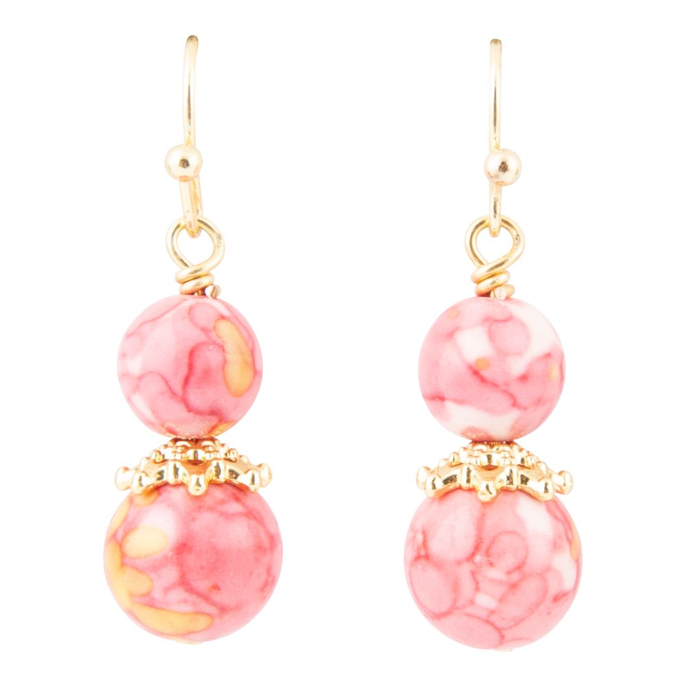 Mottled Pink Jade Golden Drop Earrings