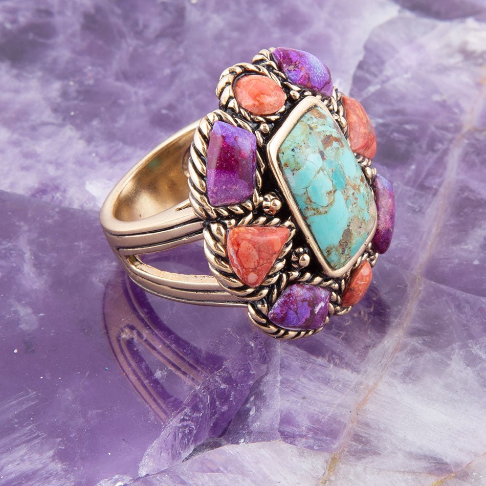 Blue Turquoise Colorful Floral Golden Ring Barse Jewelry