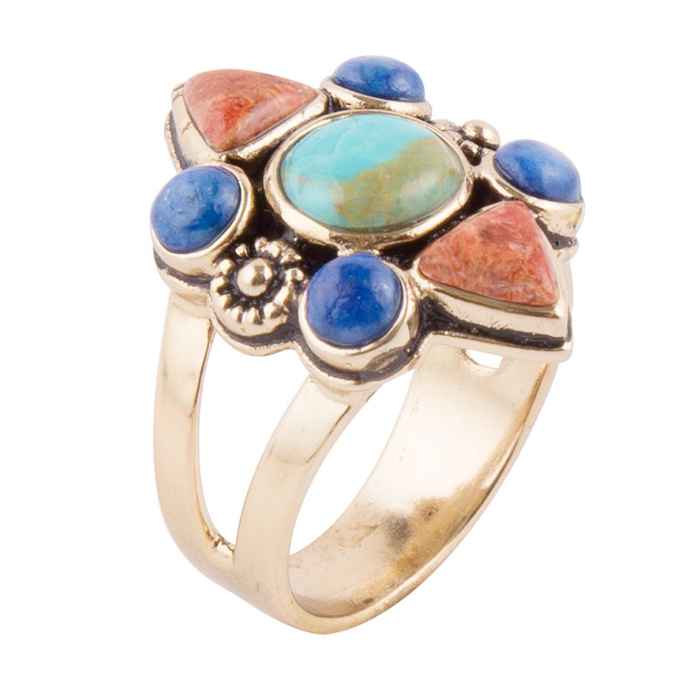 Blue Turquoise Multi-Stone Golden Statement Ring Bronze Jewelry