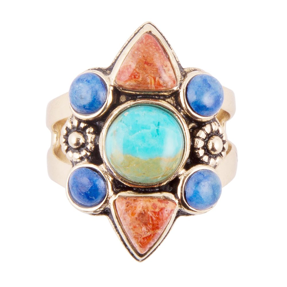 Blue Turquoise Multi-Stone Golden Statement Ring Bronze Jewelry