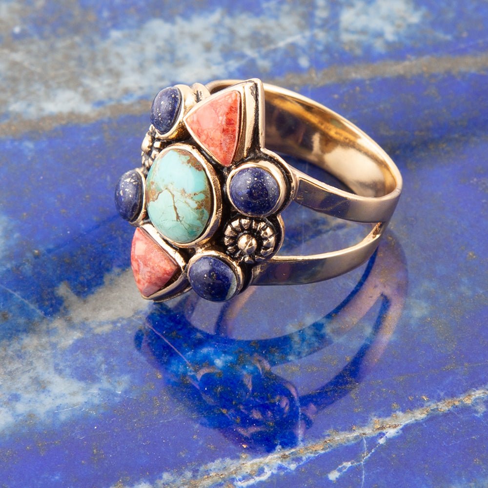 Blue Turquoise Multi-Stone Golden Statement Ring Bronze Jewelry