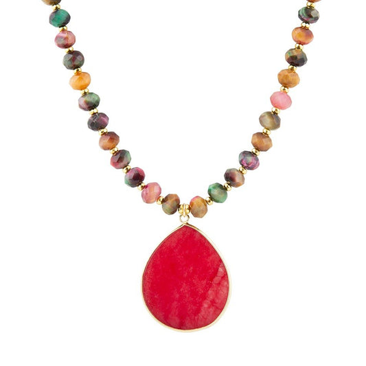 Jeweled Multicolor Tiger's Eye and Pink Jade Pendant Golden Necklace