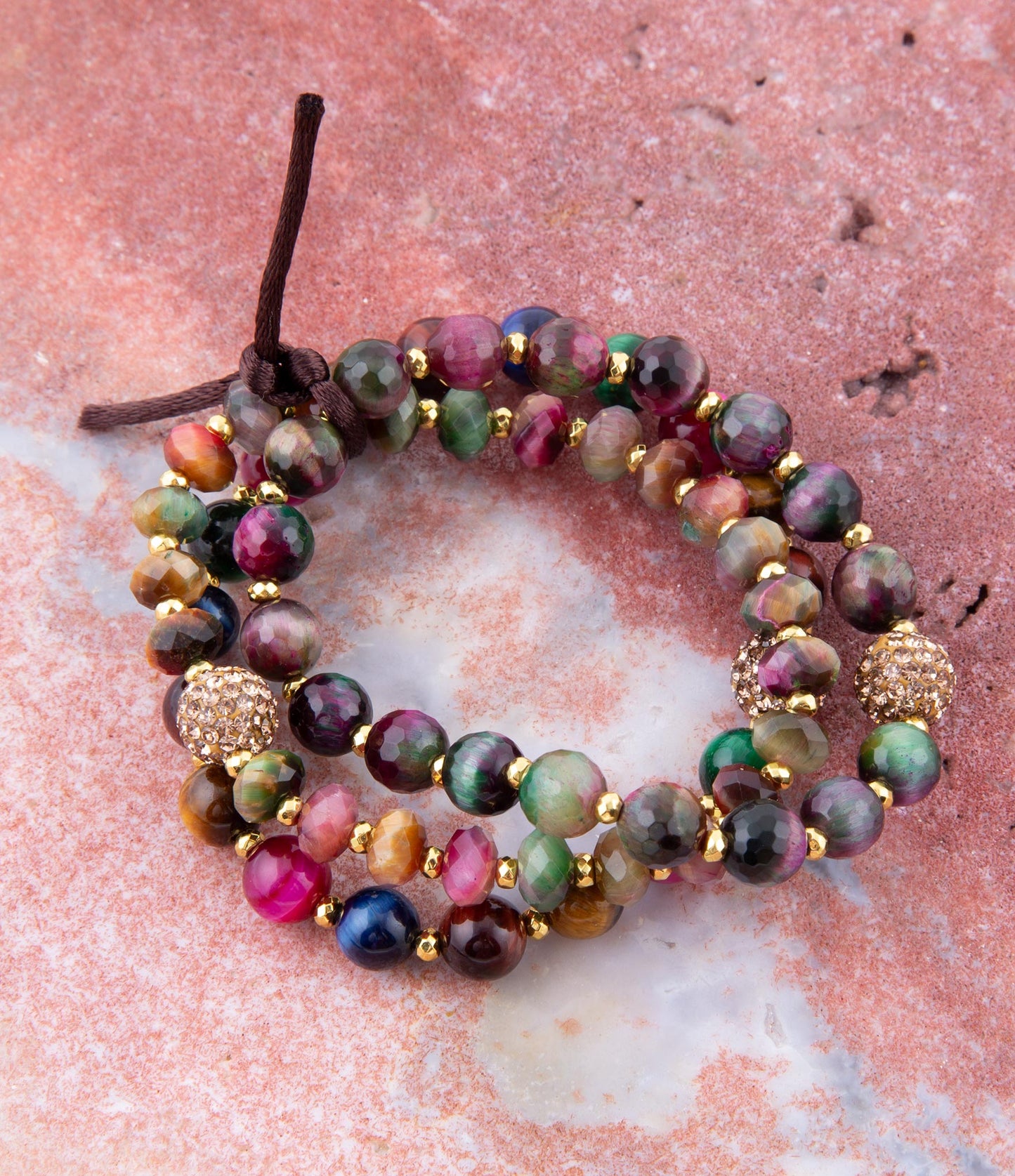 Jeweled Multicolor Tiger's Eye Triple Strand Golden Bracelet Set