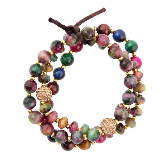 Jeweled Multicolor Tiger's Eye Triple Strand Golden Bracelet Set