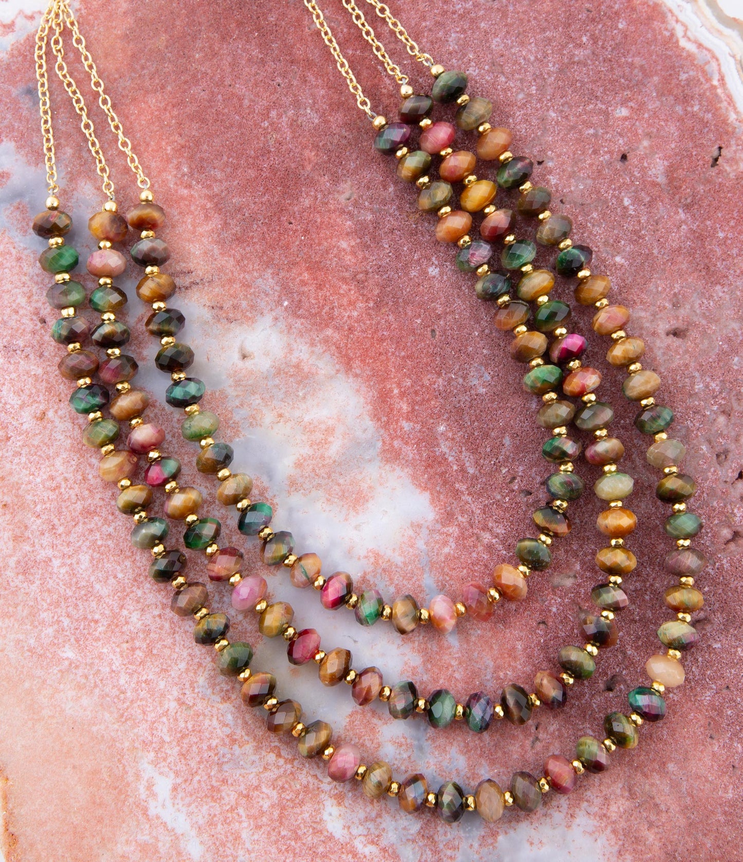 Jeweled Multi-Color Tiger's Eye Triple Strand Golden Necklace