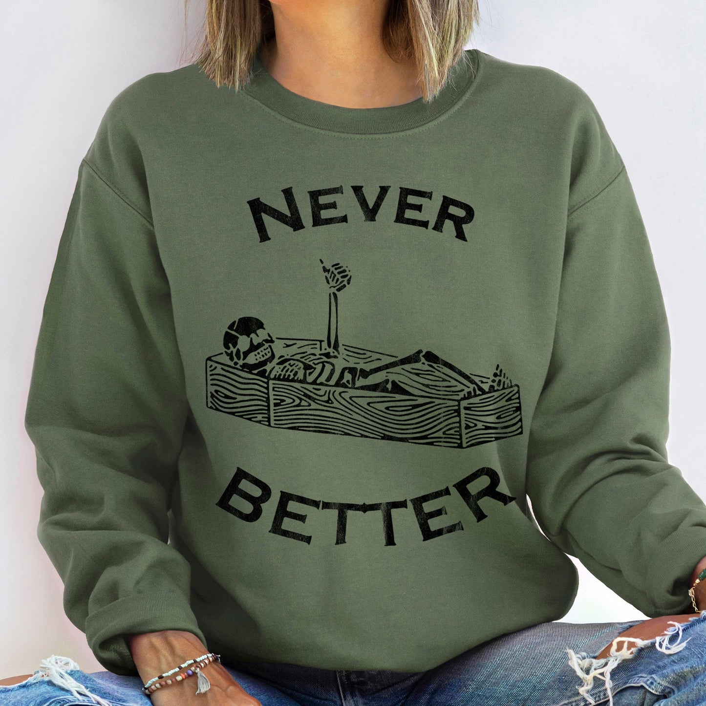 Never Better Coffin Halloween Sweatshirt