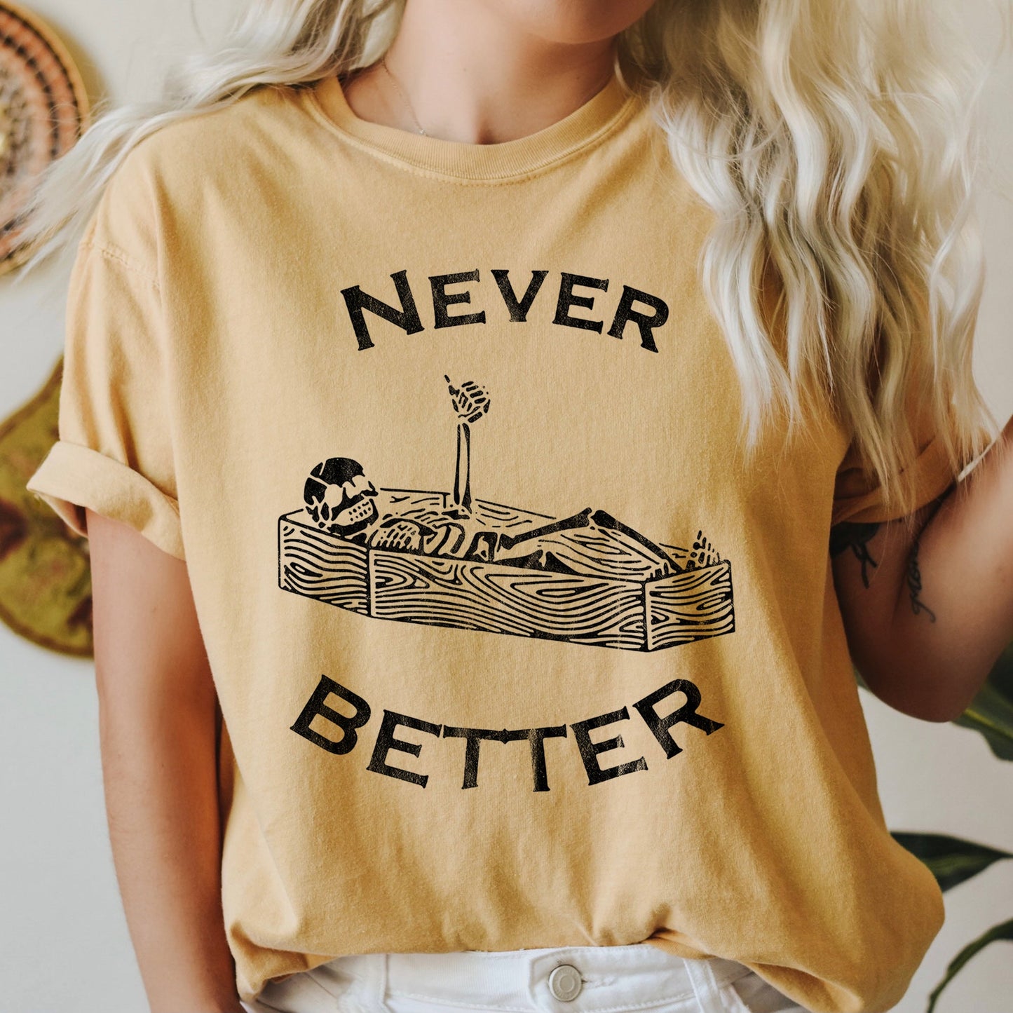Never Better Skeleton In Coffin Retro Halloween Comfort Colors Tshirt