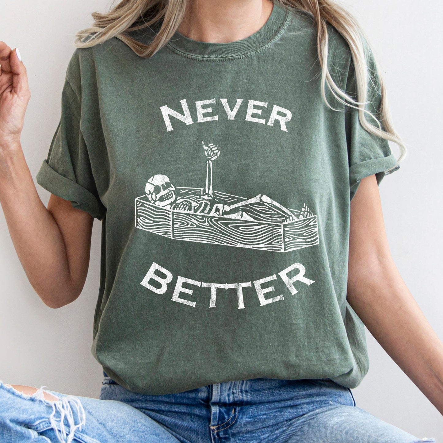 Never Better Skeleton In Coffin Retro Halloween Comfort Colors Tshirt