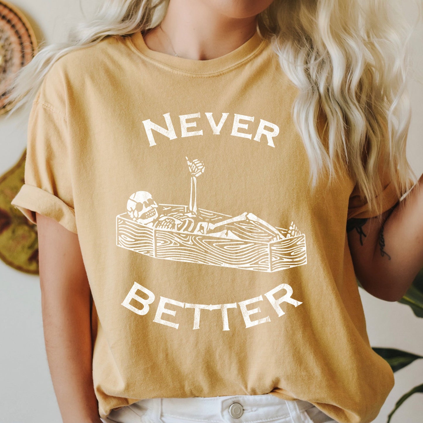 Never Better Skeleton In Coffin Retro Halloween Comfort Colors Tshirt