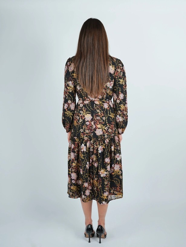 Midnight Floral Bloom Gold Detailed Midi Dress