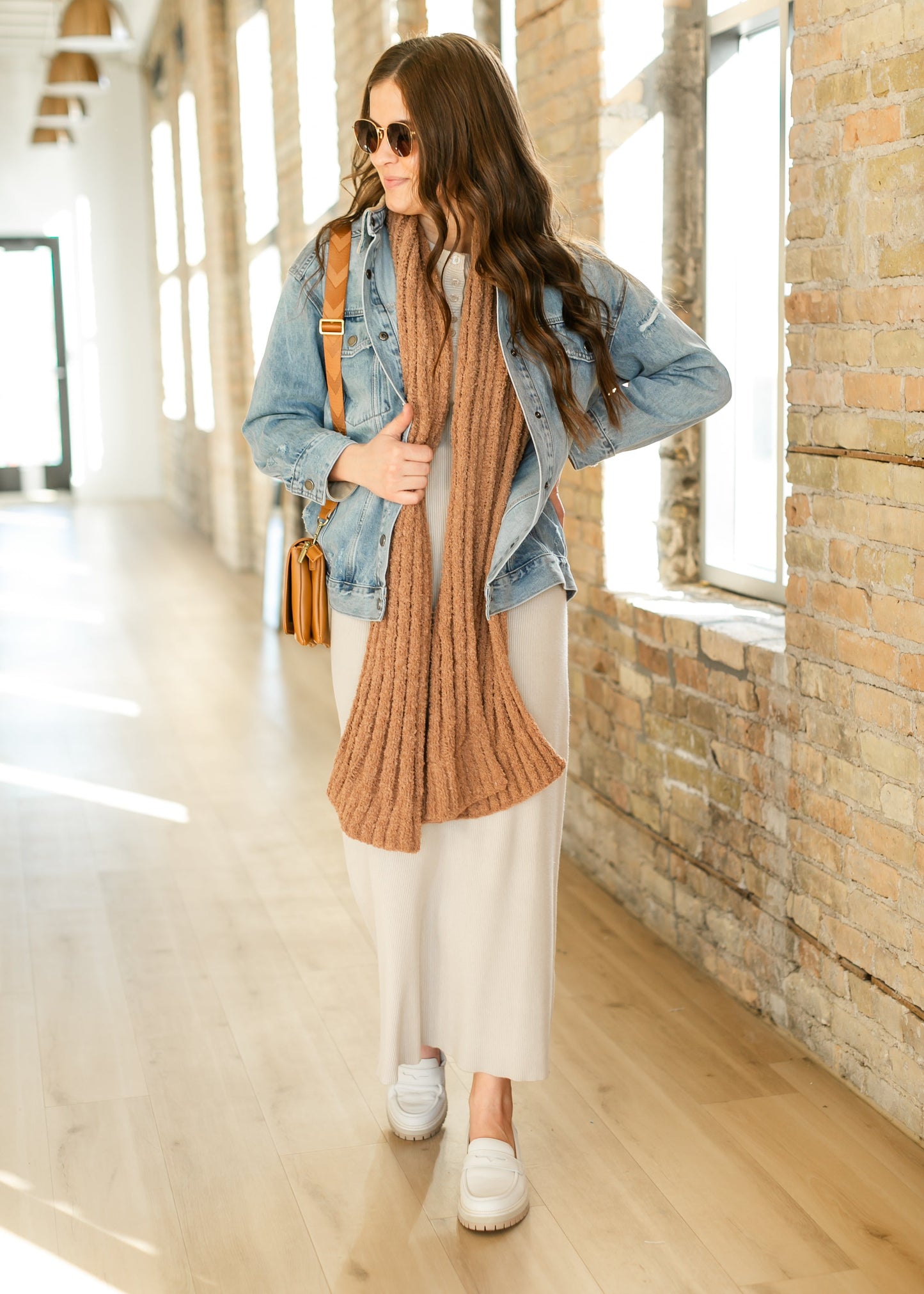 Noa Ribbed Knit Midi Dress Ivory Long Sleeve