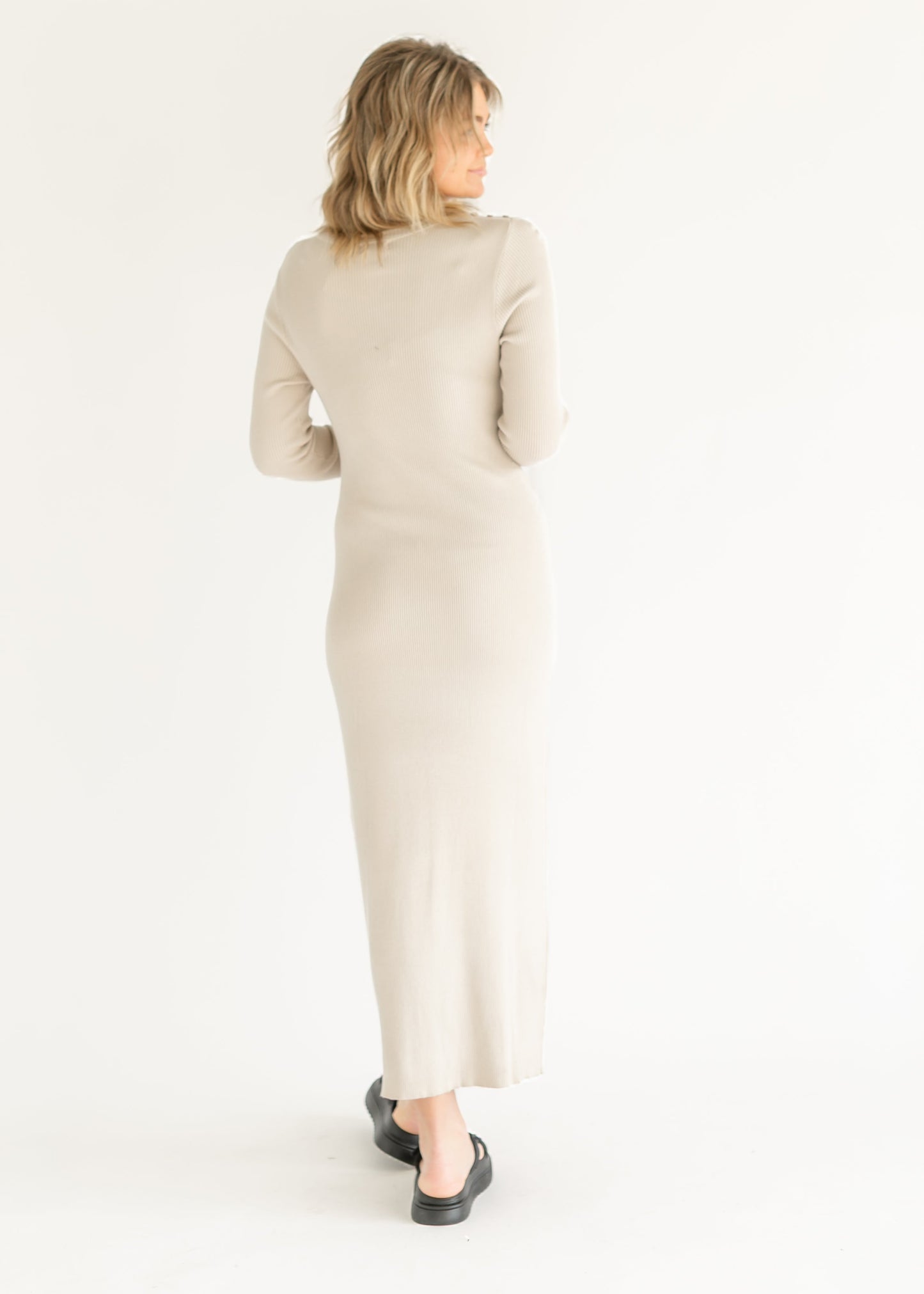 Noa Ribbed Knit Midi Dress Ivory Long Sleeve