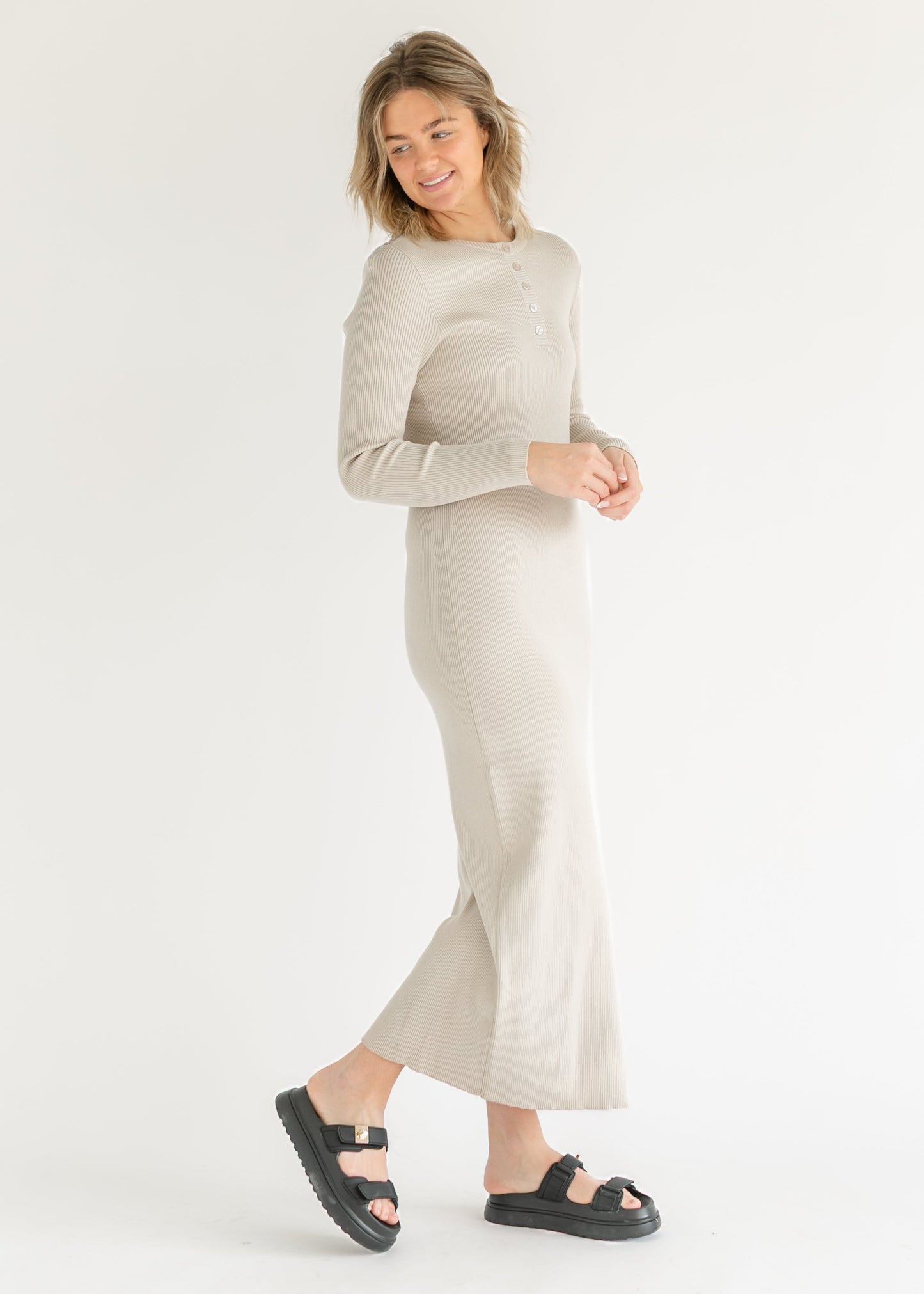 Noa Ribbed Knit Midi Dress Ivory Long Sleeve