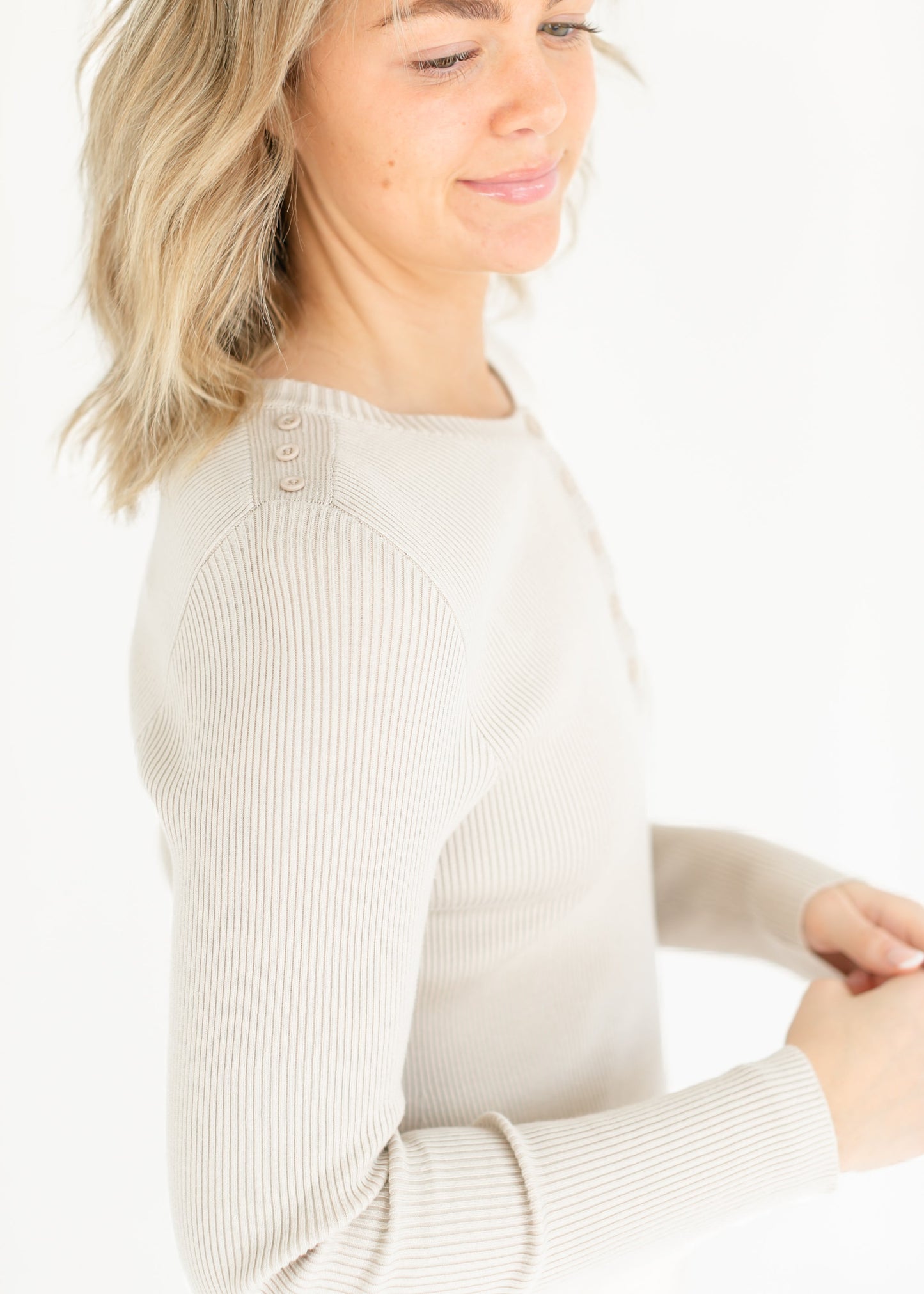 Noa Ribbed Knit Midi Dress Ivory Long Sleeve