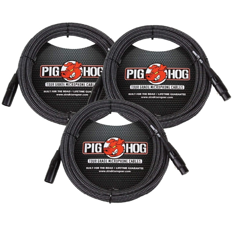 Pig Hog PHM30BKW Black & White Woven 30FT XLR Mic Cable 3 Pack