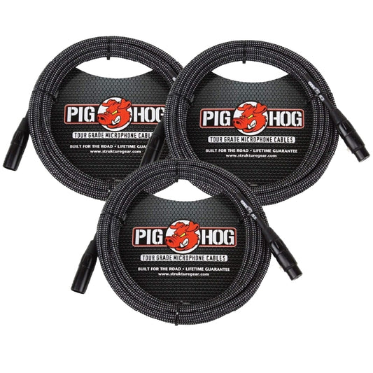 Pig Hog PHM30BKW Black & White Woven 30FT XLR Mic Cable 3 Pack