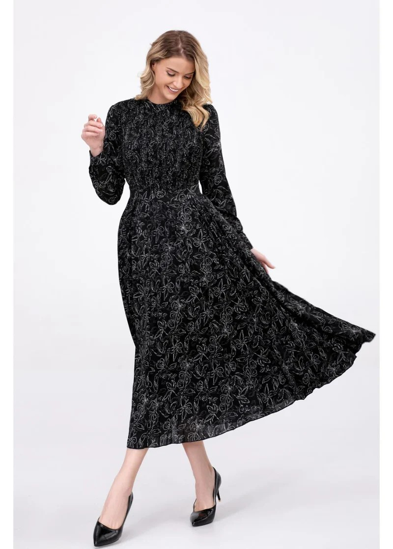 Black Floral Midi Dress with Fitted Bodice and Gathered Waist