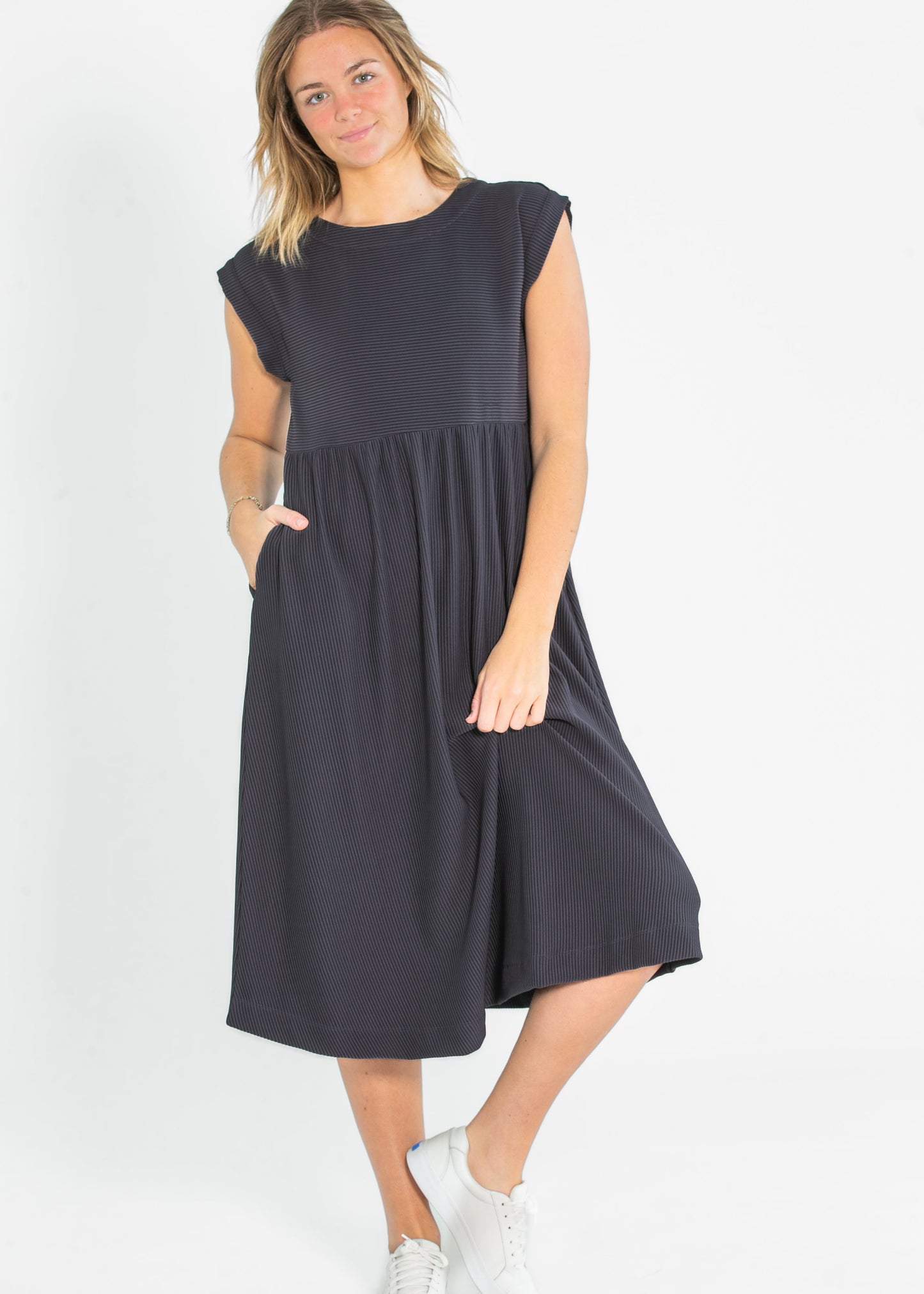 Olivia A-line Solid Midi Dress Navy Midi Dress