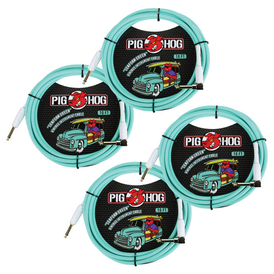 Pig Hog PCH10SGR 1/4" Straight to 1/4" Right-Angle Seafoam Green Instrument Cable 4 Pack