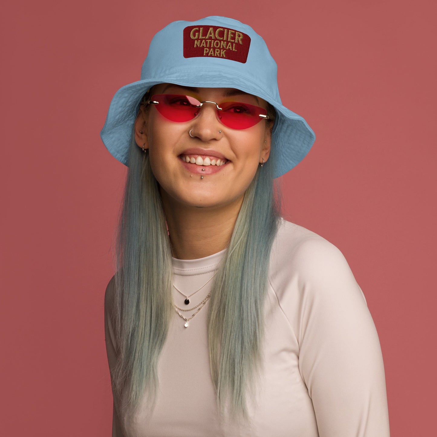 Organic Cotton Twill Embroidered Bucket Hat Glacier National Park Sign