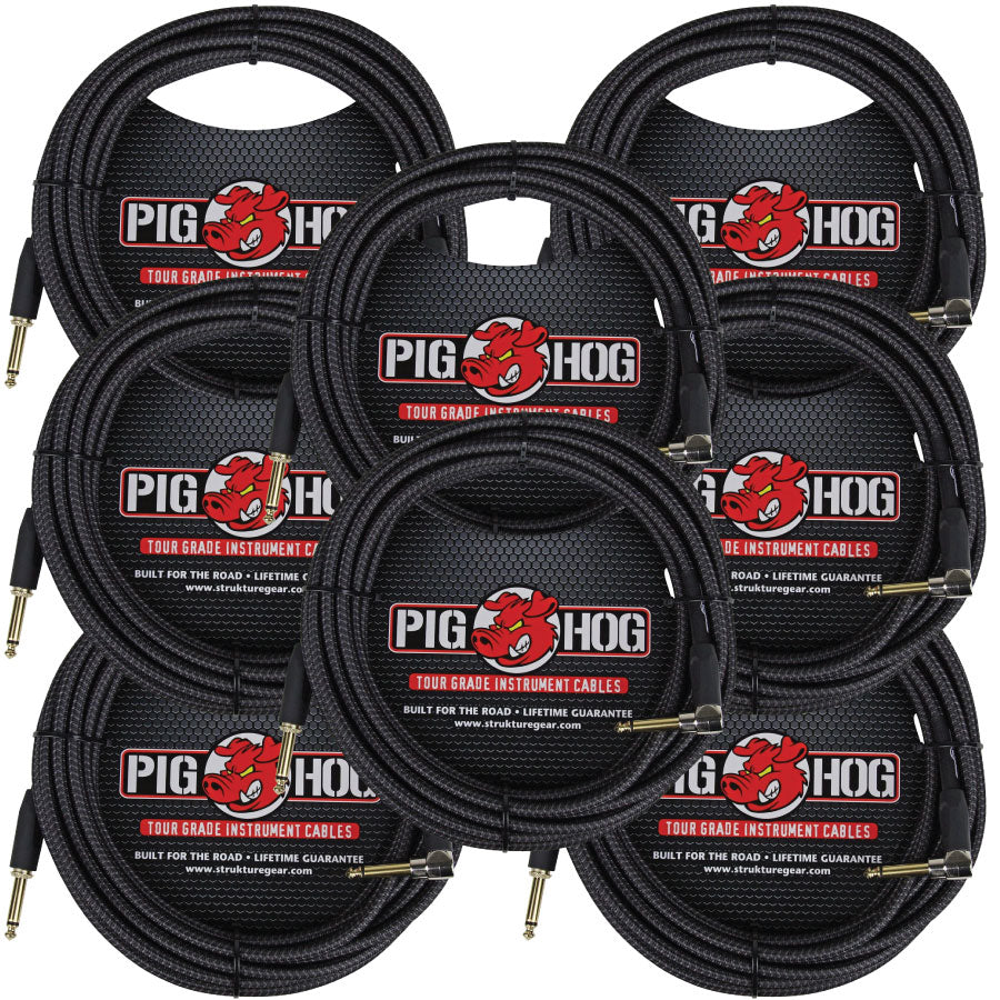 Pig Hog Black Woven ¼” to ¼” Right Angle Instrument Cable 20ft