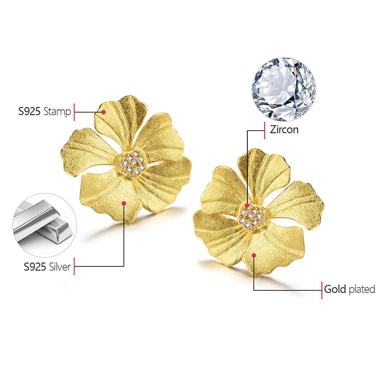 Peony Flower 18K Gold Plated 925 Silver Stud Earrings