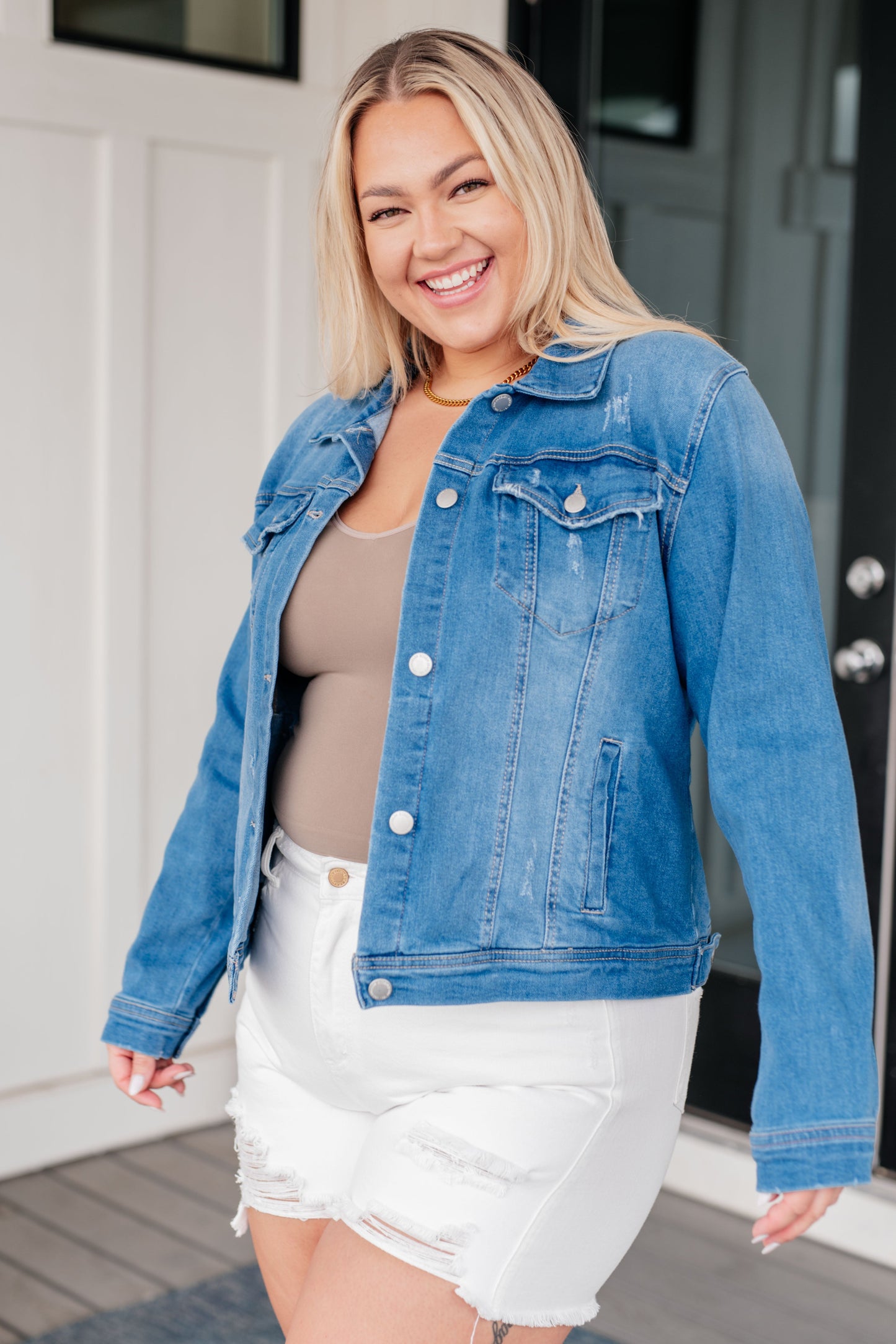 Every Occasion Distressed Denim Button Up Jacket