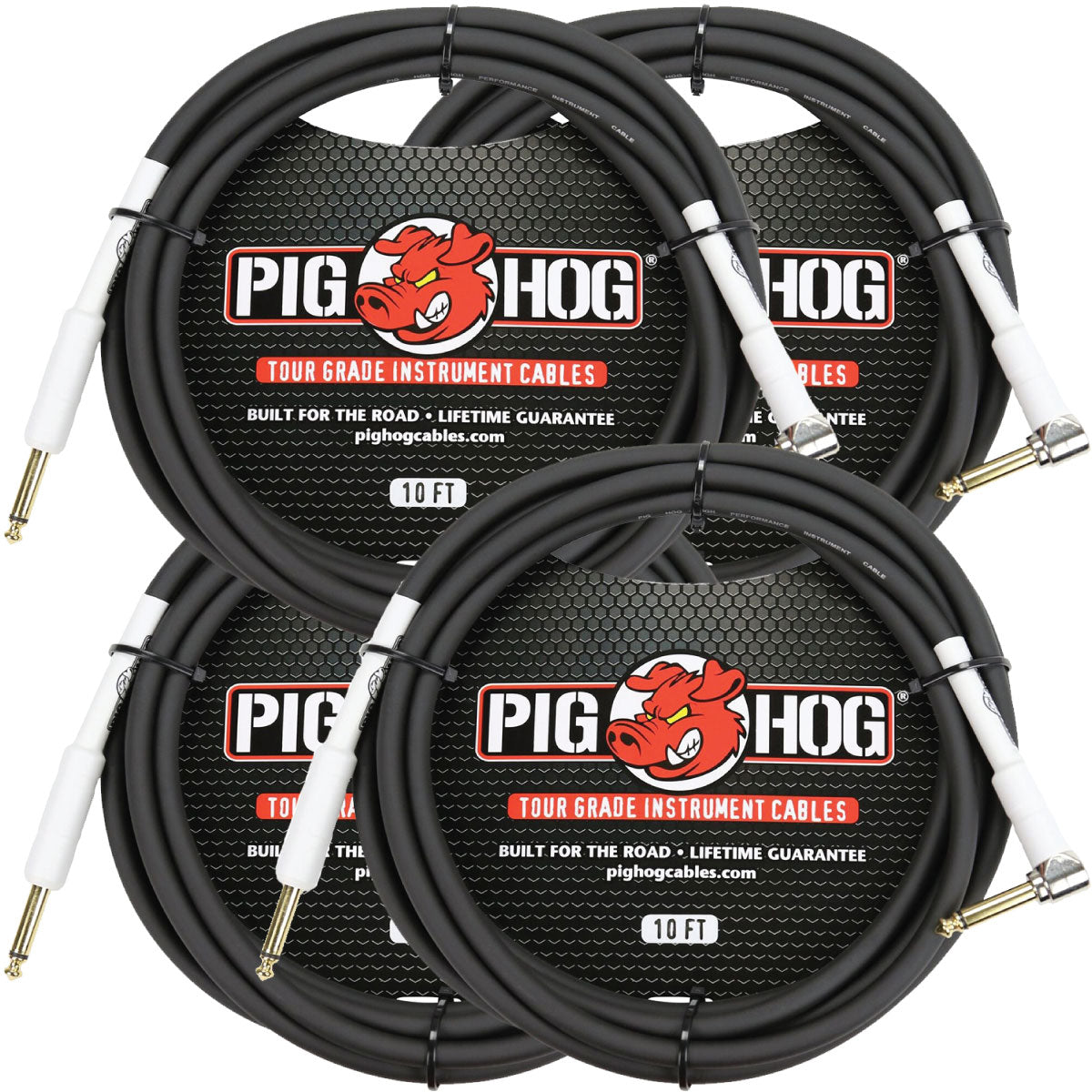 Instrument Cable 1/4' TS Straight to Right Angle 10' 4 Pack Pig Hog