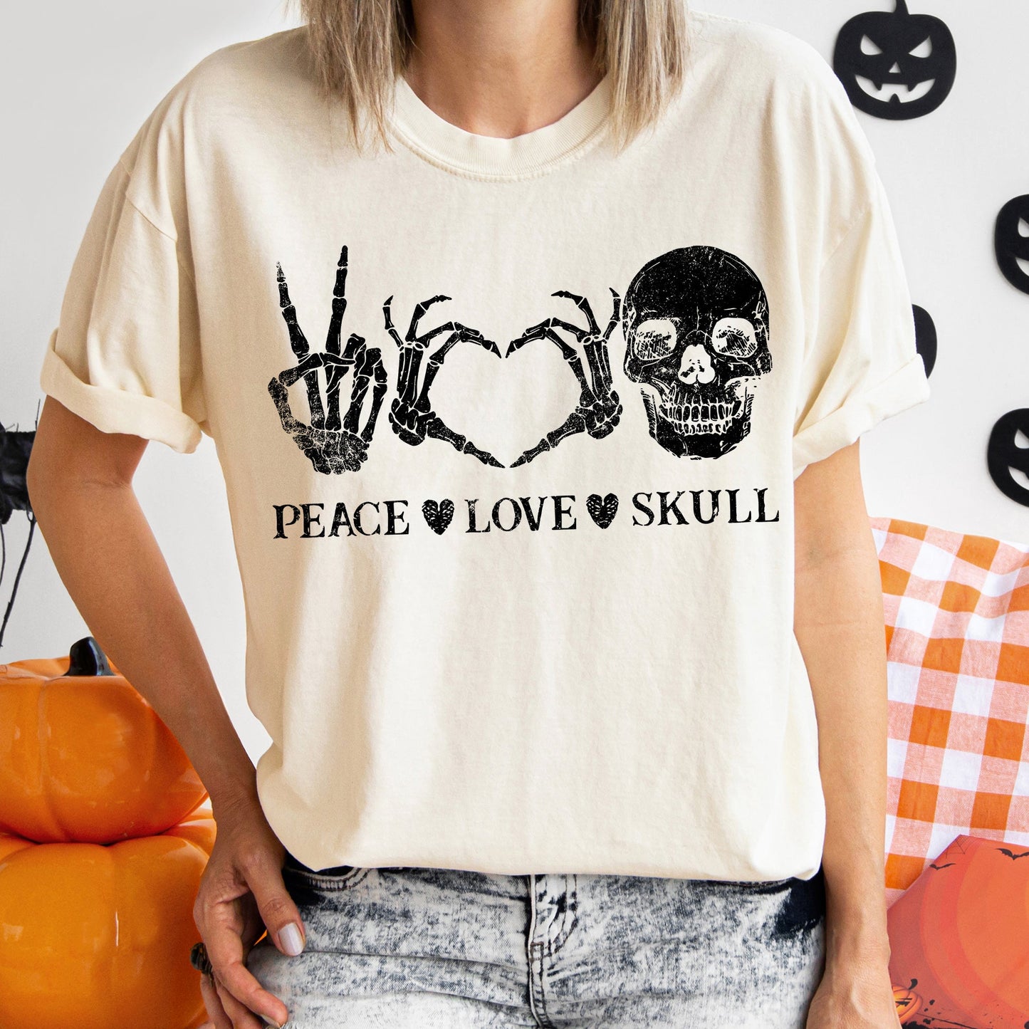 Peace Love Skull Retro Halloween Comfort Colors Tshirt