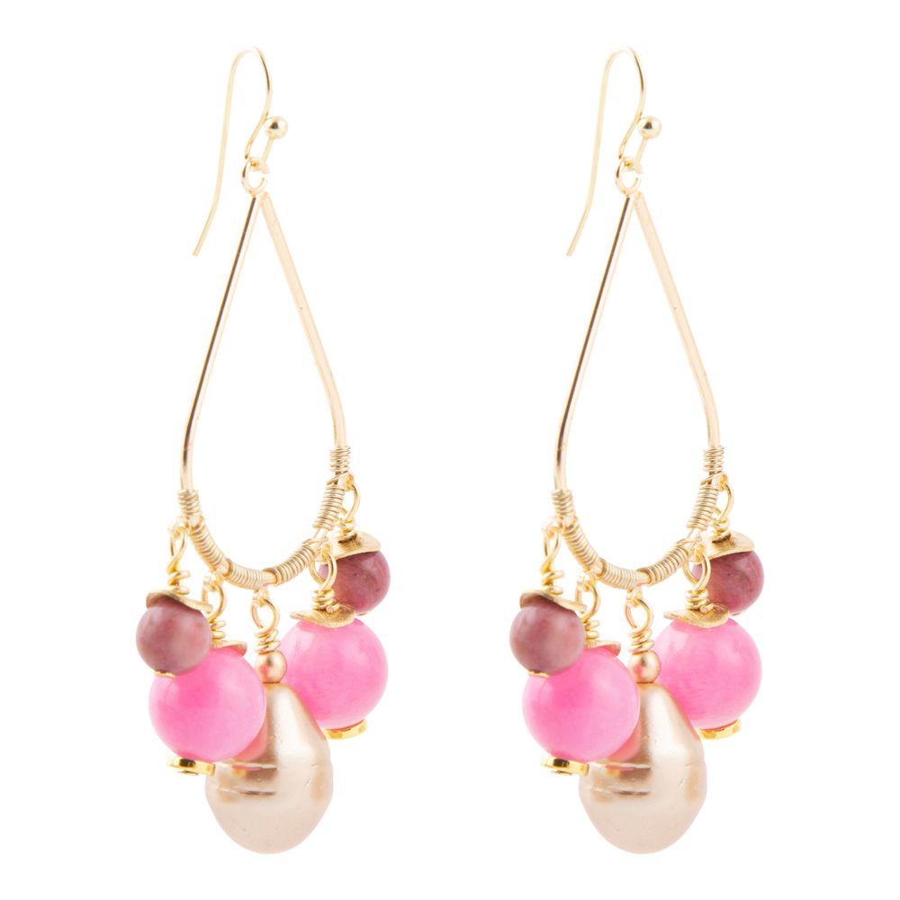 Peony Fuchsia Pink Jade Golden Drop Earrings