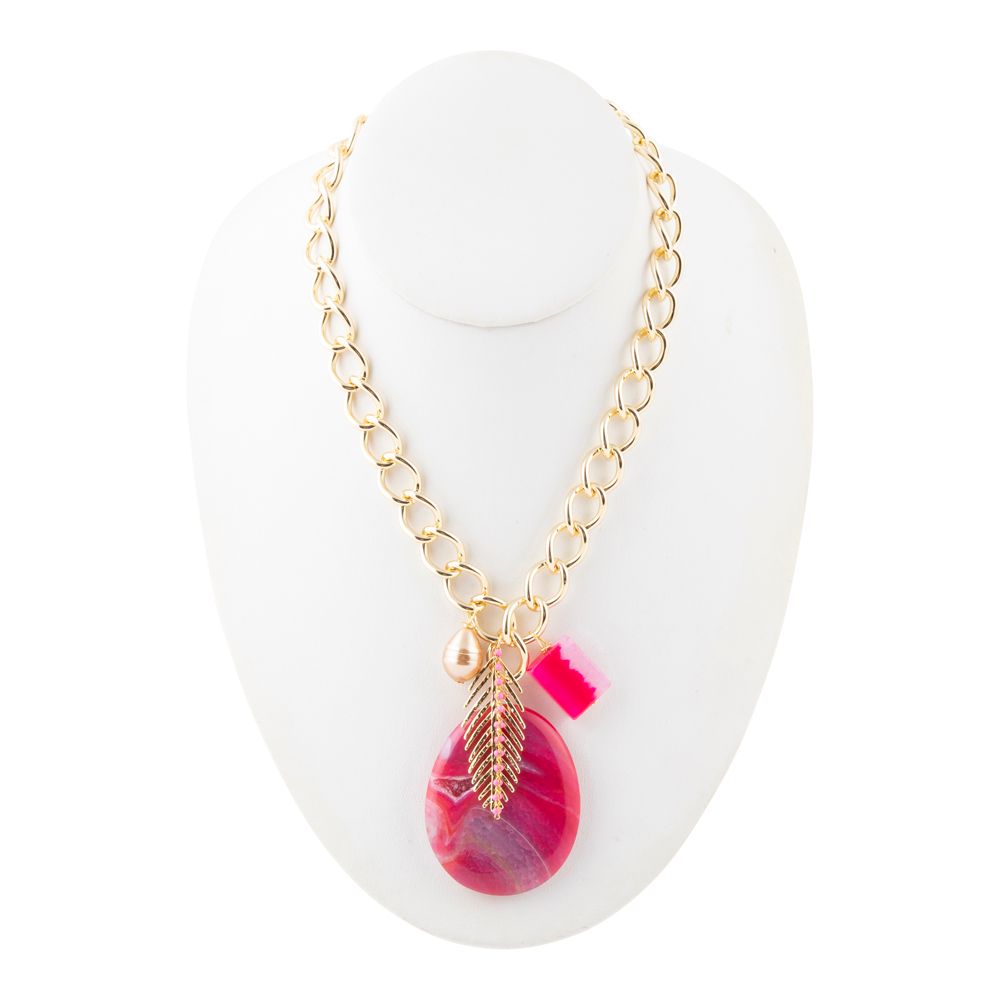 Peony Fuschsia Pink Agate Golden Charm Necklace