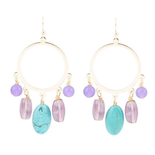 Purple Periwinkle Amethyst and Blue Magnesite Golden Chandelier Earrings