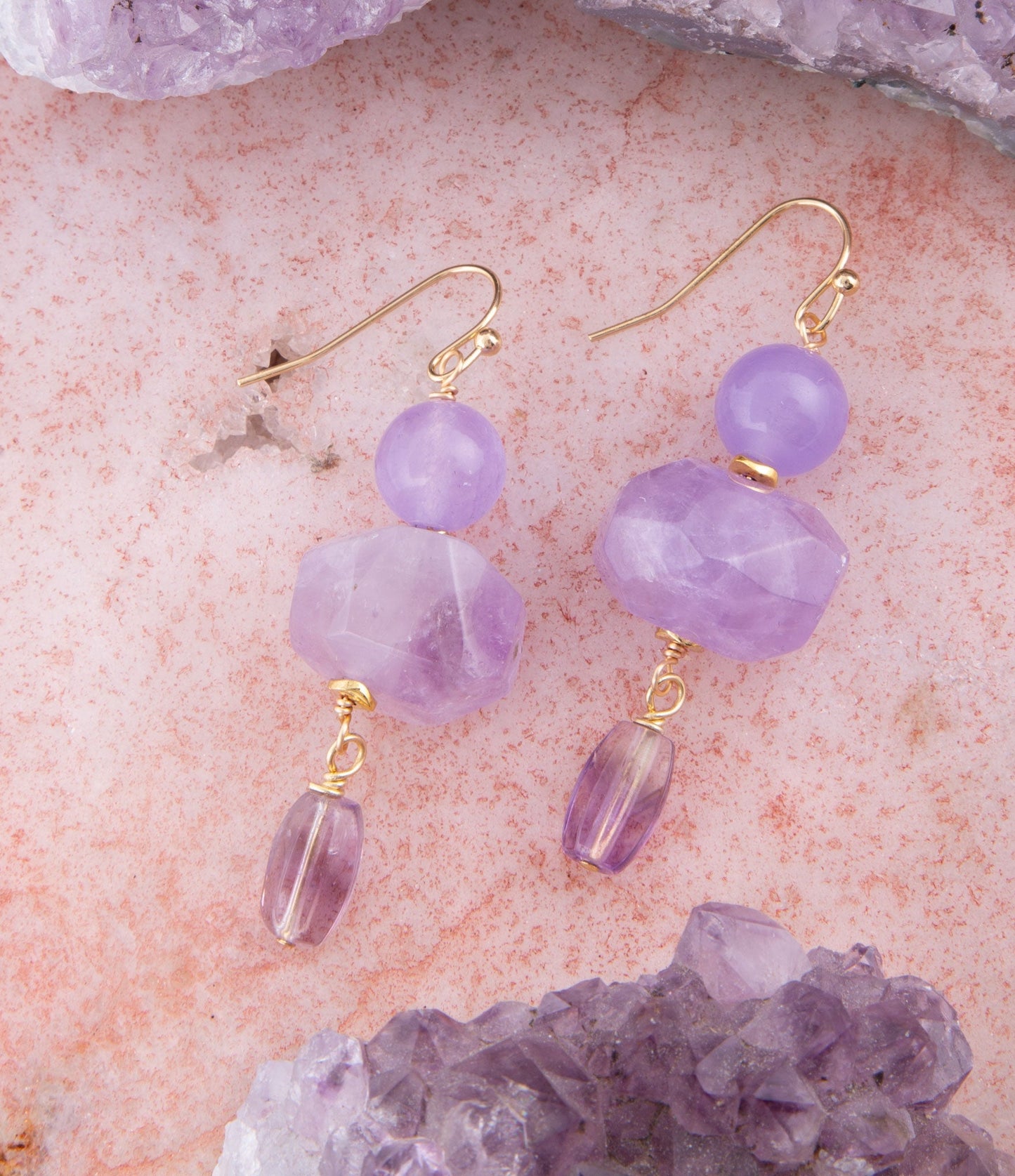 Purple Periwinkle Amethyst Golden Drop Earrings