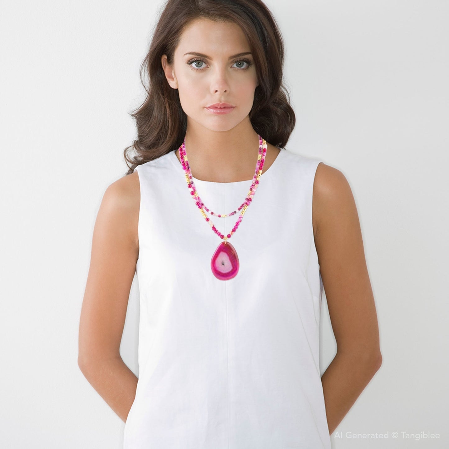 Pink Agate Golden Pendant Necklace