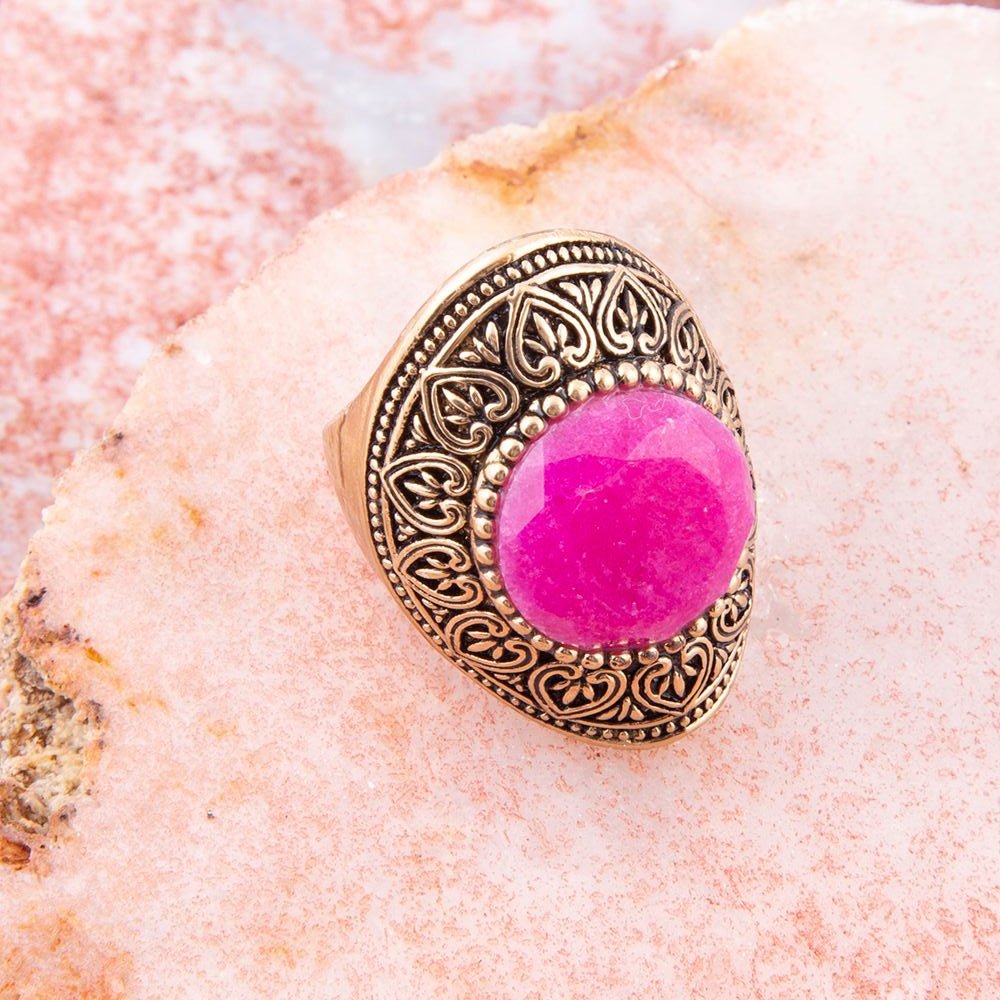Pink Agate Punch Golden Statement Ring