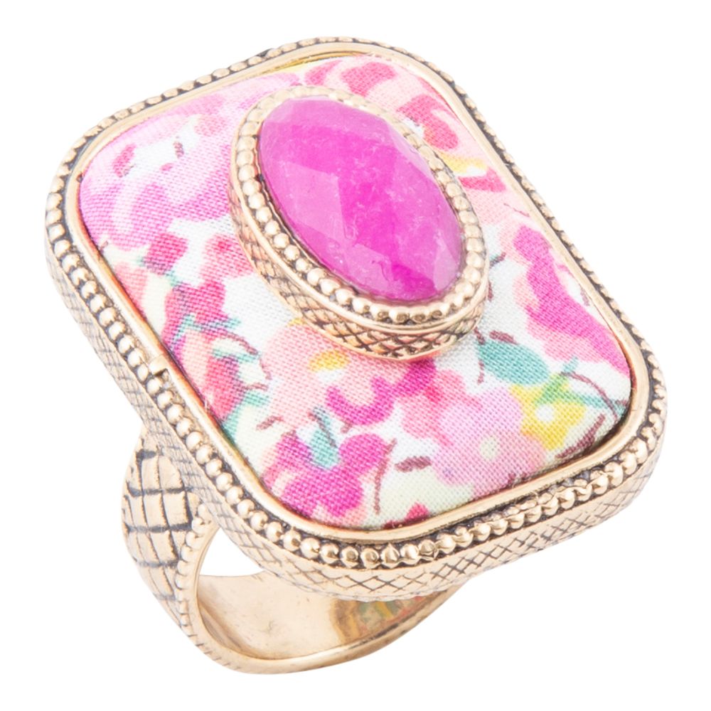 Pink Agate Stacked Stone Floral Golden Statement Ring