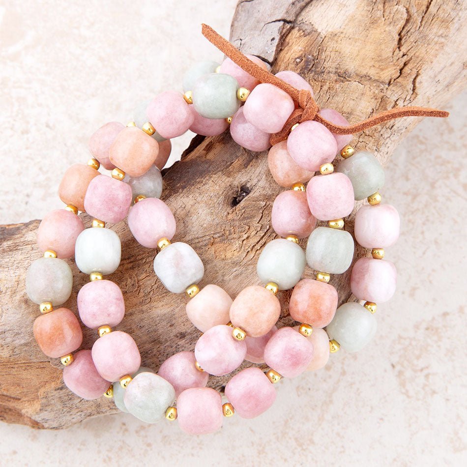 Pink and Green Pastel Jade Triple Stretch Bracelet Set