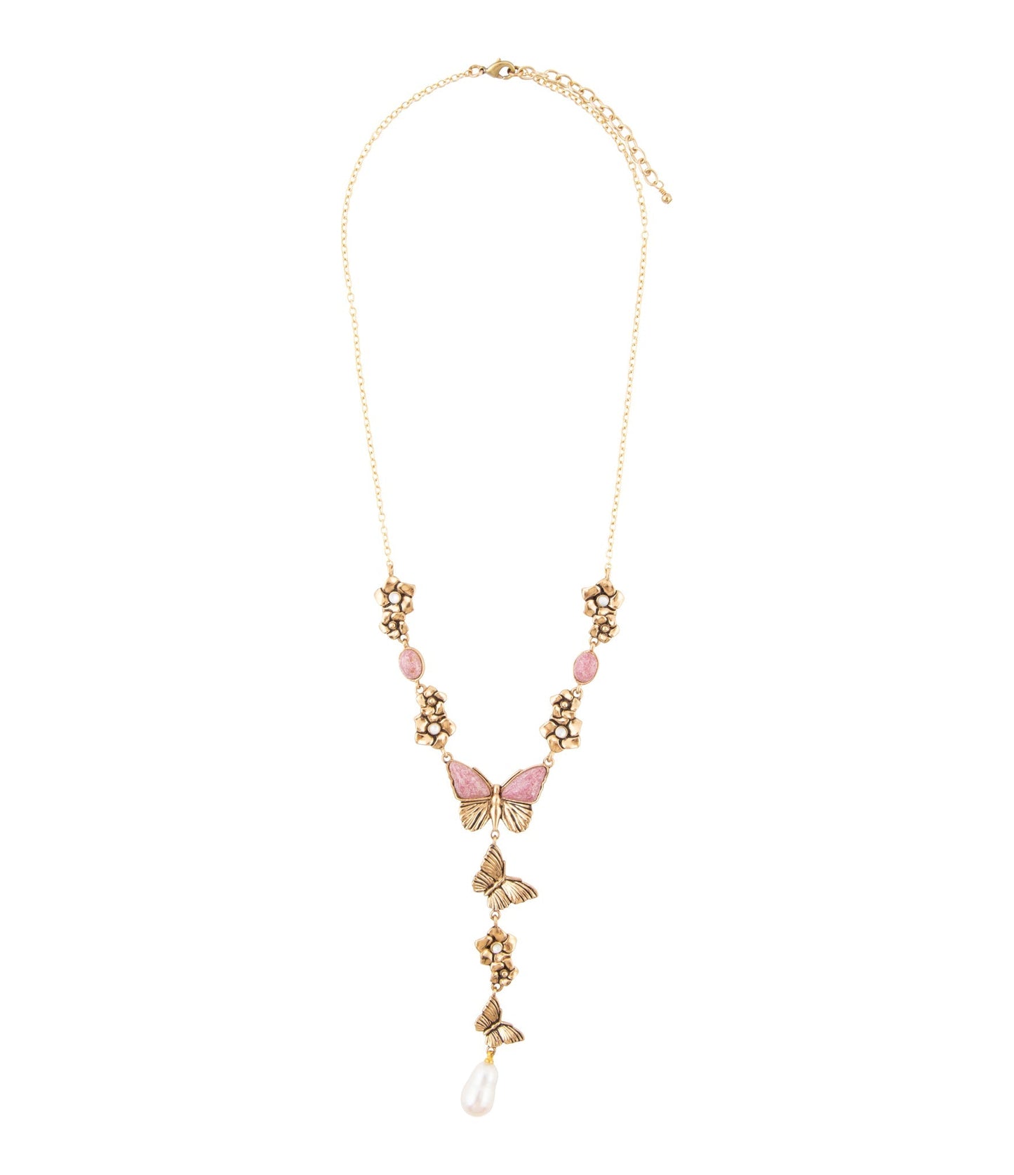Pink Rhodonite and White Pearl Golden Butterflies Y Necklace