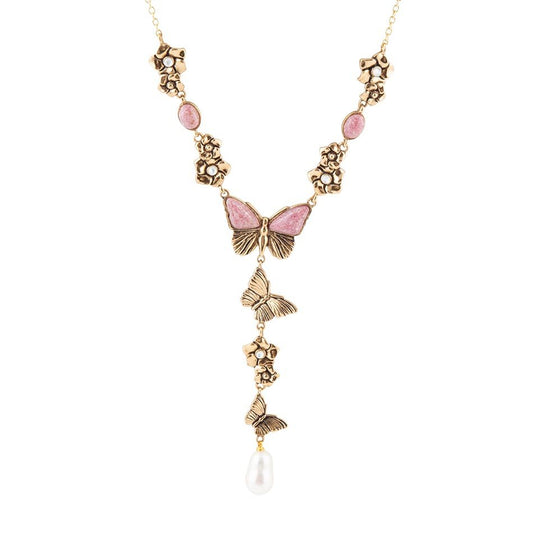 Pink Rhodonite and White Pearl Golden Butterflies Y Necklace