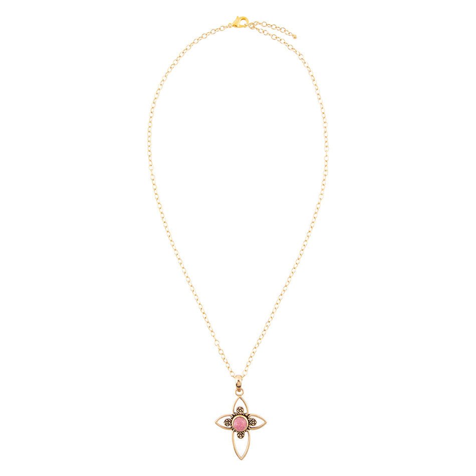 Pink Rhodonite Golden Cross Pendant Necklace