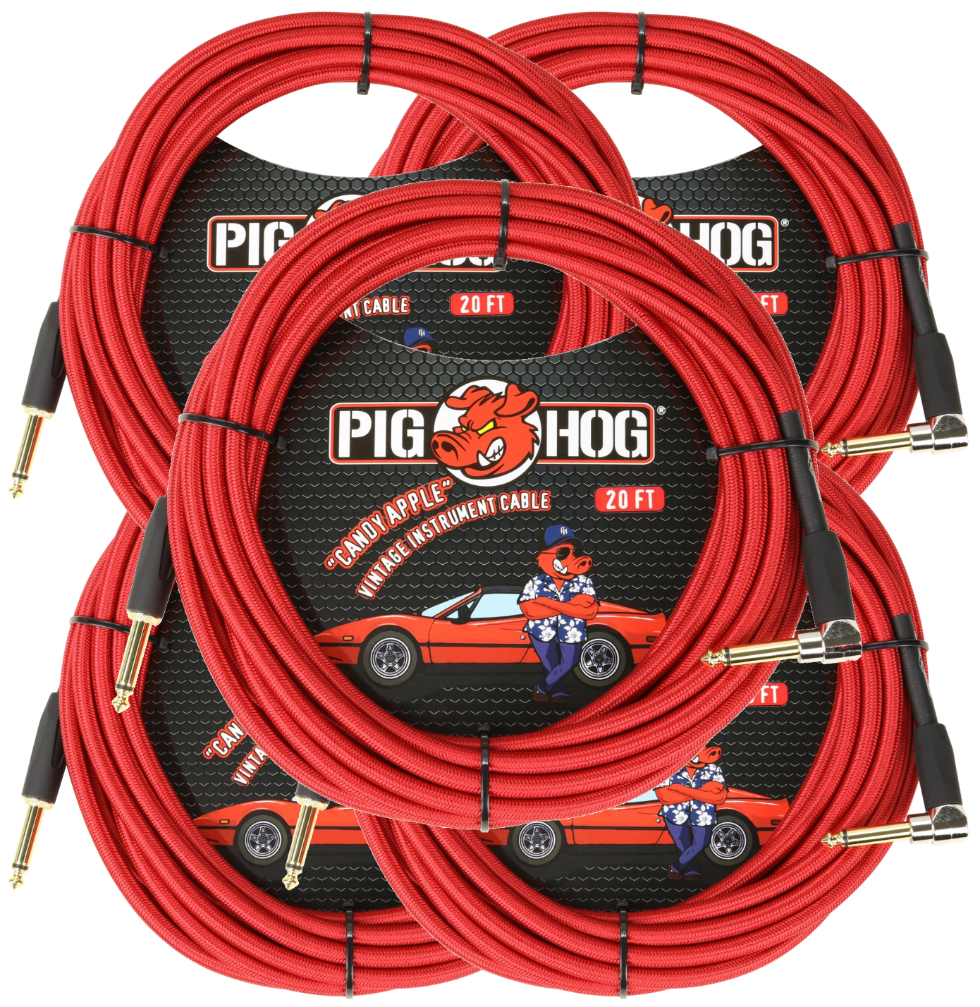 Pig Hog 20ft Candy Apple Red 1/4 Guitar Ins Cable Cord 5 Pack